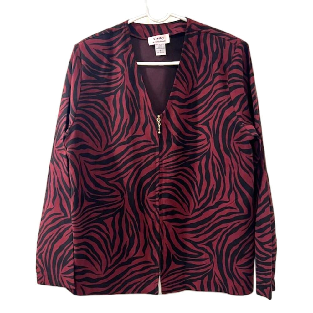Cathy Daniels Womens Maroon Black Zebra Faux Suede Zip Jacket Size 16